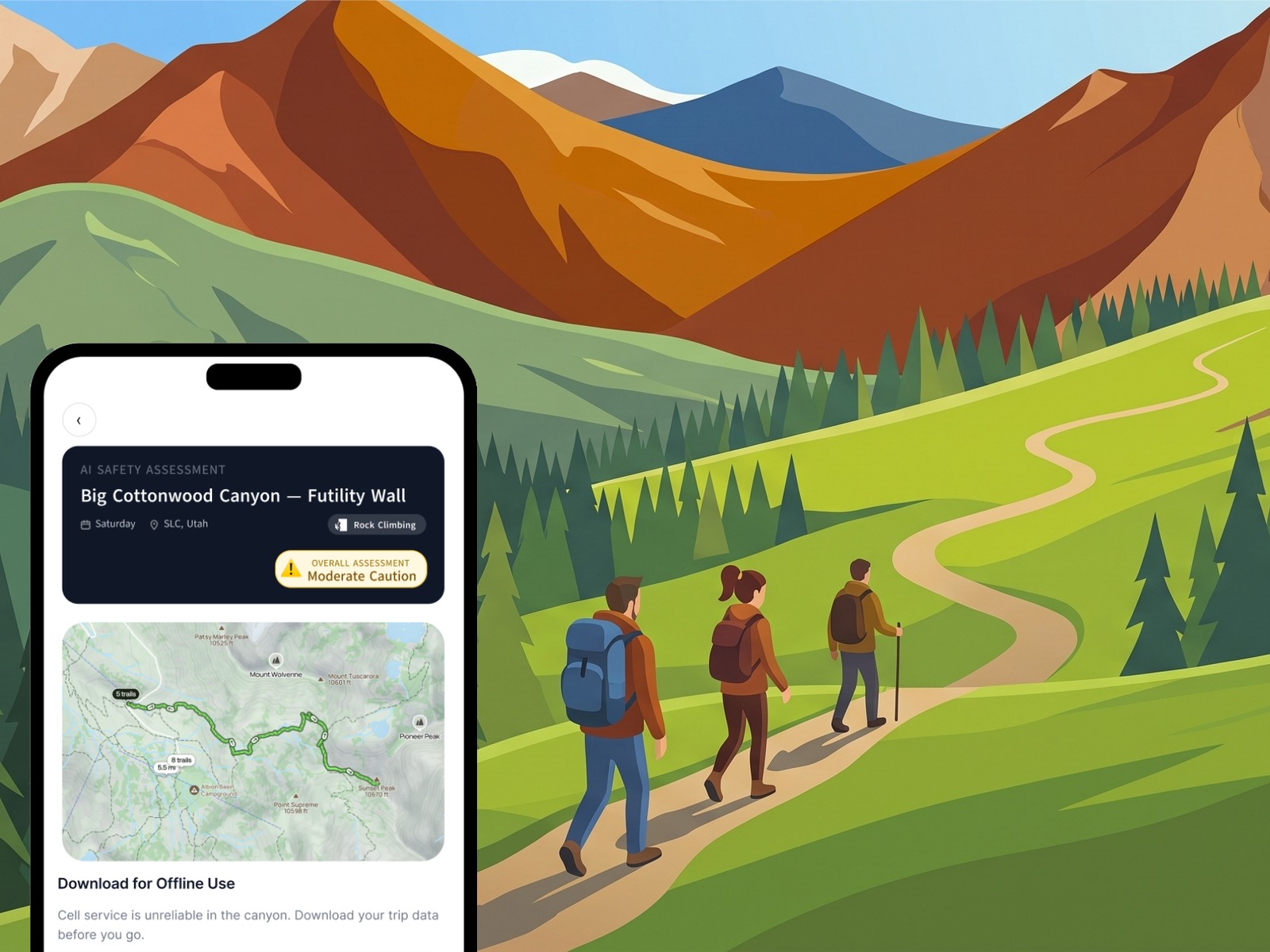 Cairn — trail safety app with mountain hike scene